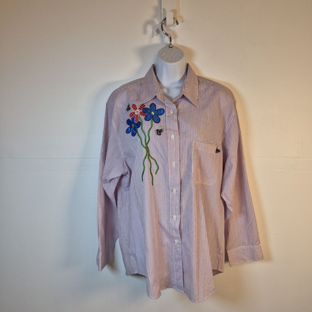 Beckyanne Women's Button-Up Shirt Size L Striped Applique Flowers And Bees